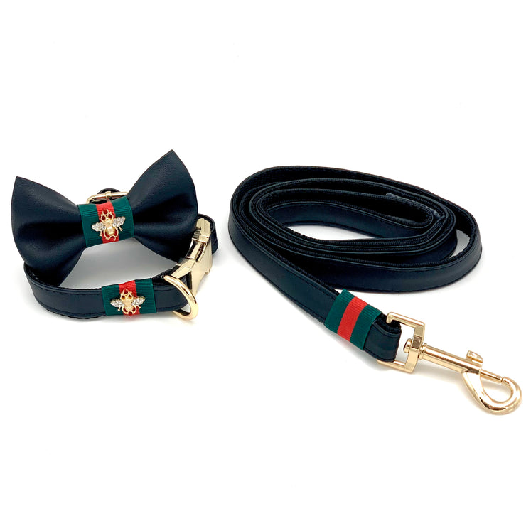 Black leather designer collar, Leash & bow tie - Wholesale