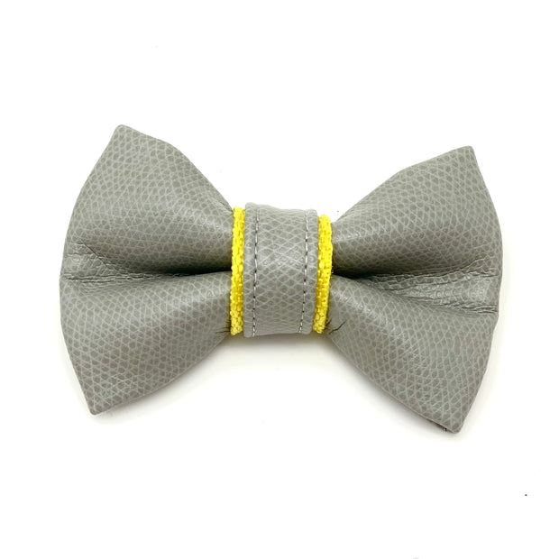 Puccissime Morning mist grey and yellow luxury vegan leather dog bow tie. MADE IN CANADA.