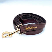 Puccissime Grizzly brown luxury vegan leather dog accessories matching set. Norwegian one click no pull no choke no mat easy wear dog harness, dog collar and dog leash. MADE IN CANADA.