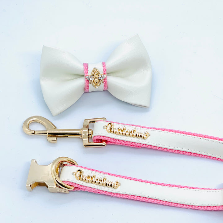 Puccissime My baby girl pink and white luxury vegan leather matching set dog leash and dog collar bow tie. MADE IN CANADA.