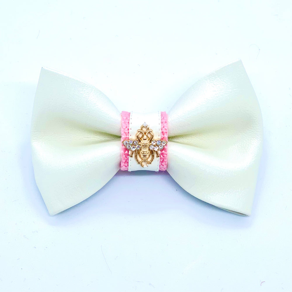 Puccissime My baby girl pink and white luxury vegan leather dog bow tie. MADE IN CANADA.