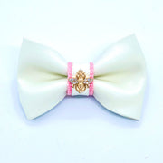 Puccissime My baby girl pink and white luxury vegan leather dog bow tie. MADE IN CANADA.