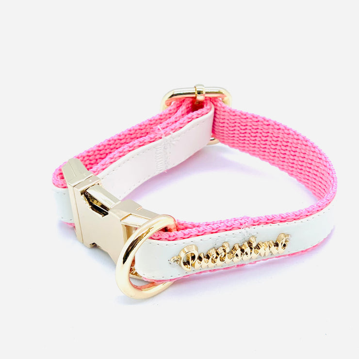 Puccissime My baby girl pink and white luxury vegan leather dog collar. MADE IN CANADA.