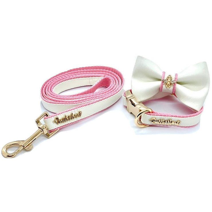 Puccissime My baby girl pink and white luxury vegan leather matching set dog leash and dog collar bow tie. MADE IN CANADA.