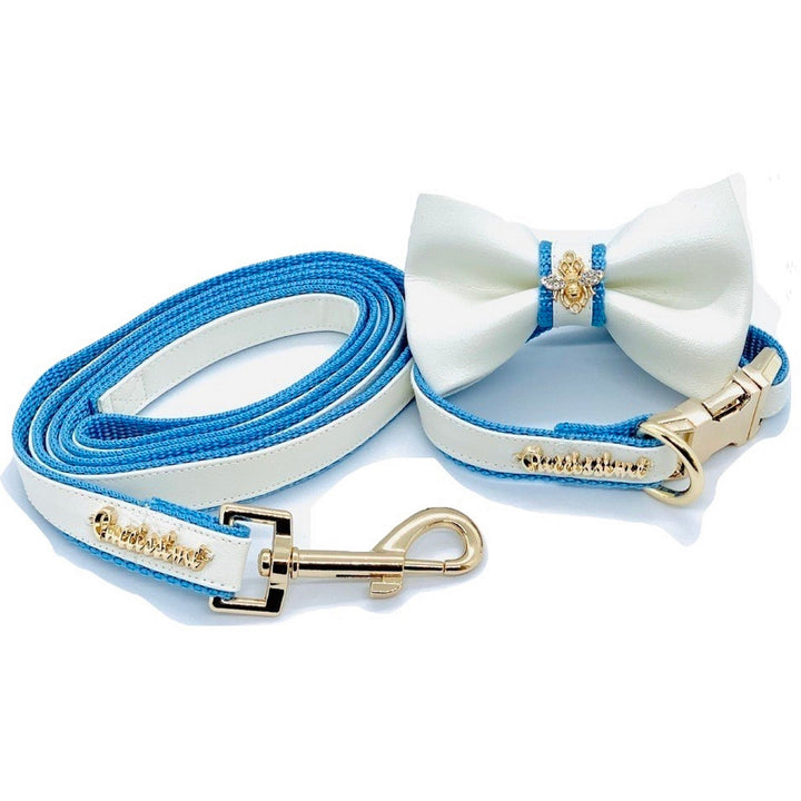 Puccissime My baby boy blue and white luxury vegan leather matching set dog leash and dog collar bow tie. MADE IN CANADA.