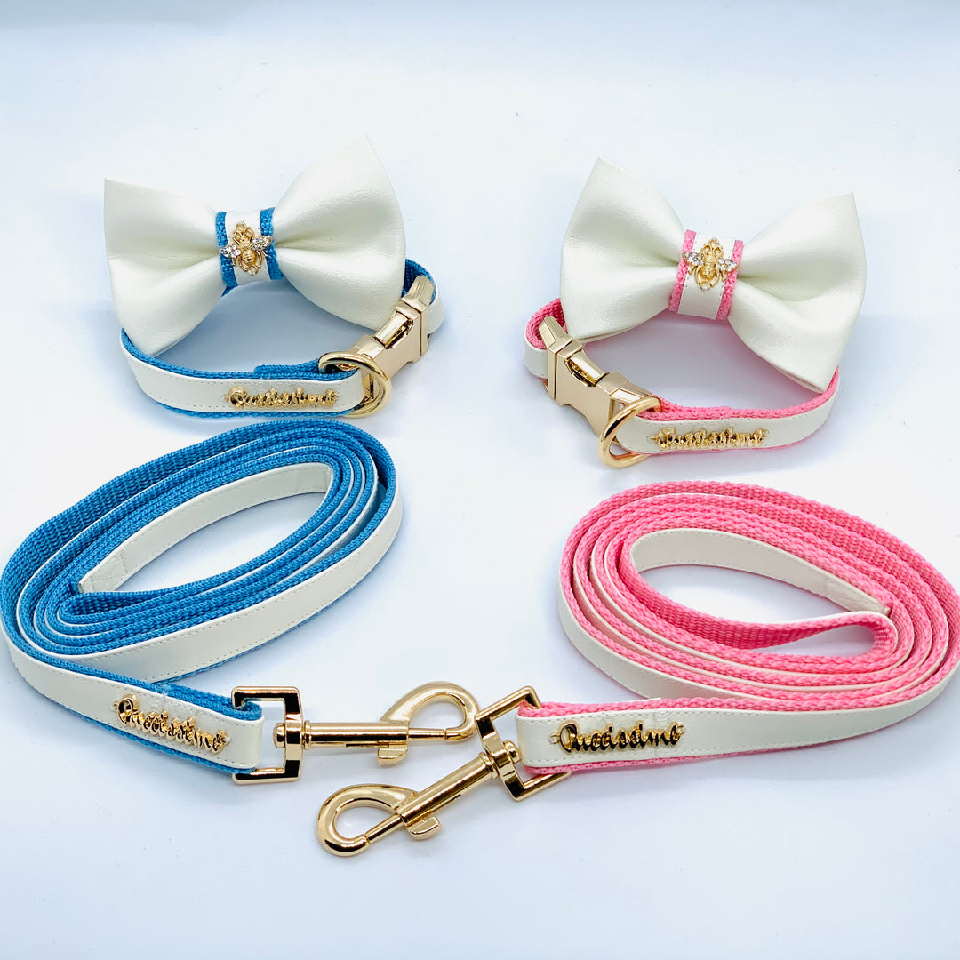 Puccissime My baby girl pink and white luxury vegan leather matching set dog leash and dog collar bow tie. MADE IN CANADA.