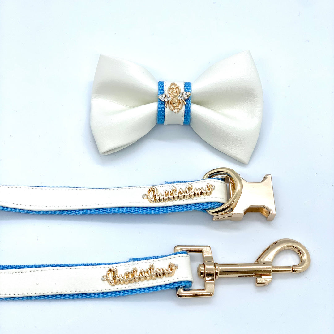 Puccissime My baby boy blue and white luxury vegan leather matching set dog leash and dog collar bow tie. MADE IN CANADA.