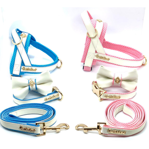 Puccissime My baby boy blue and white luxury vegan leather dog accessories matching set. Norwegian one click no pull no choke no mat easy wear dog harness, dog collar bow tie and dog leash. MADE IN CANADA.