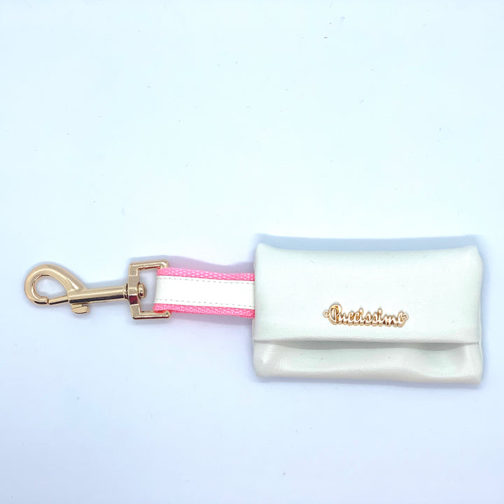 Puccissime My baby girl pink and white luxury vegan leather dog poop bag. MADE IN CANADA.