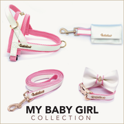Puccissime My baby girl pink and white luxury vegan leather dog accessories matching set. Norwegian one click no pull no choke no mat easy wear dog harness, dog collar bow tie and leash and dog poop bag. MADE IN CANADA.
