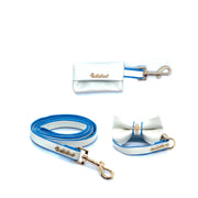 Puccissime My baby boy blue and white luxury vegan leather matching set. Dog collar, bow tie, dog leash and dog poop bag. Made in Canada.