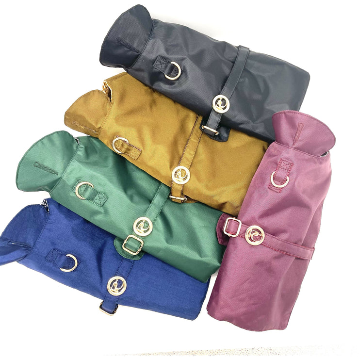 Puccissime dog rain jackets- Back, Gold, Burgandy, Green & Blue colours. MADE IN CANADA.