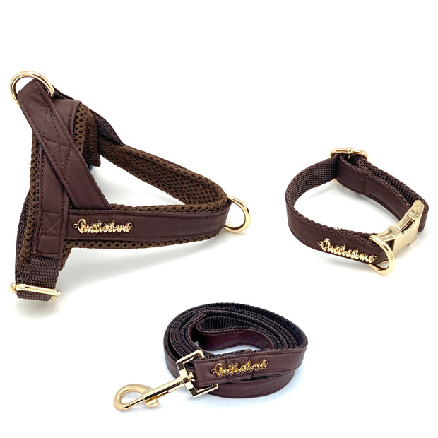 Puccissime Grizzly brown luxury vegan leather dog accessories matching set. Norwegian one click no pull no choke no mat easy wear dog harness and dog leash. MADE IN CANADA.