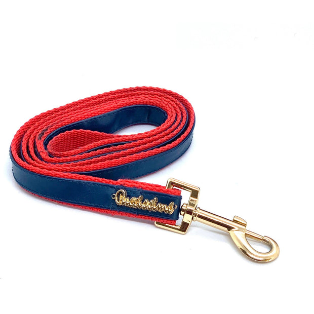 Puccissime Cardinal red and navy luxury vegan leather dog leash. MADE IN CANADA.