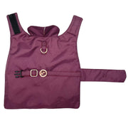Puccissime Burgundy dog rain jacket- Front side and leash. MADE IN CANADA.