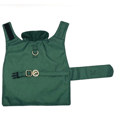 Puccissime Green dog rain jacket- Front side and leash. MADE IN CANADA.