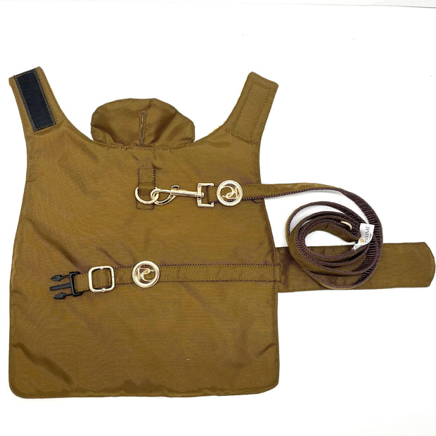 Puccissime Gold dog rain jacket- Front side and leash. MADE IN CANADA.