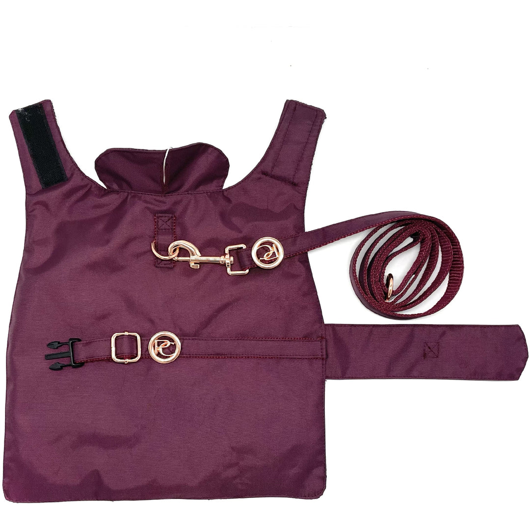 Puccissime Burgundy dog rain jacket- Front side and leash. MADE IN CANADA.