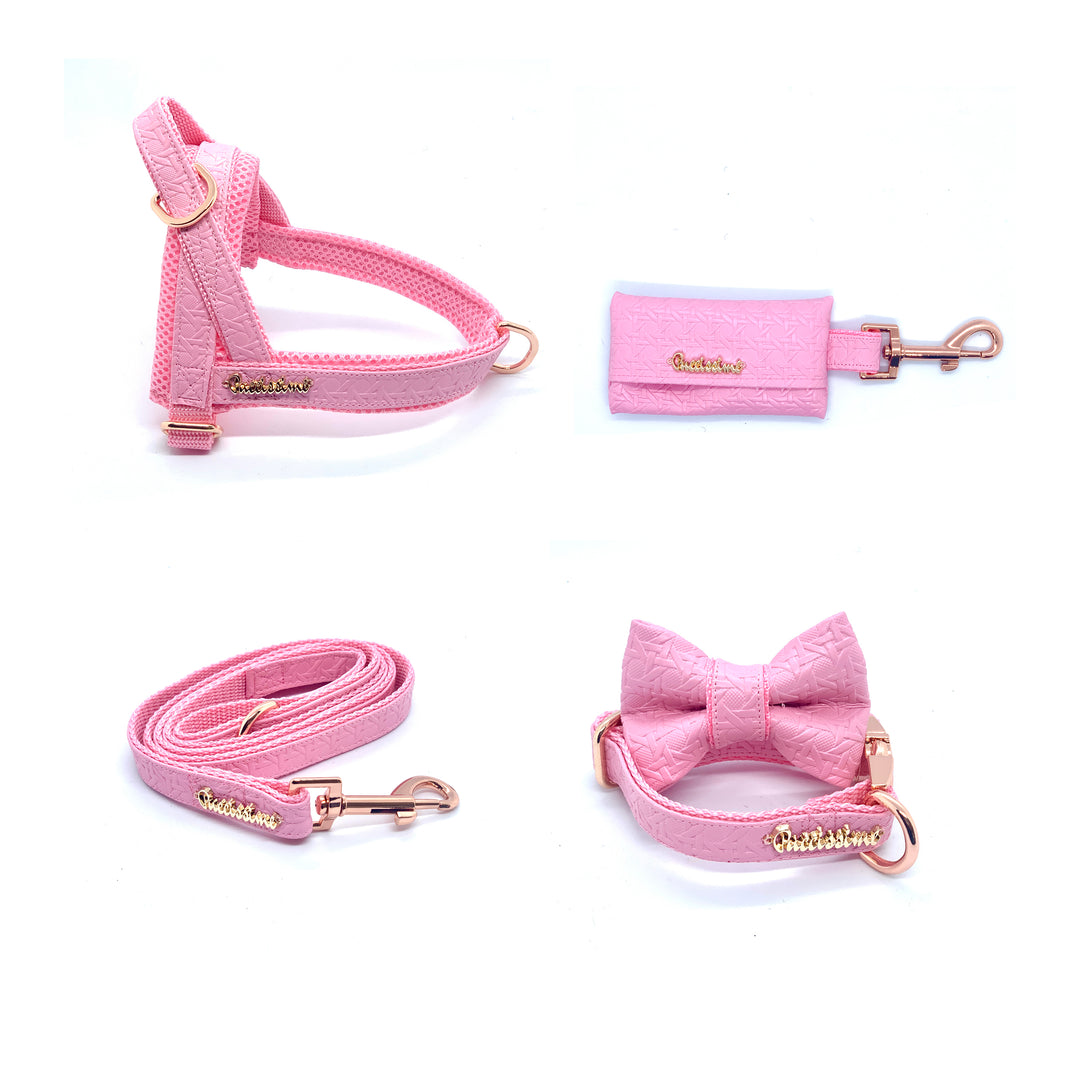 Puccissime Rosie pink luxury vegan leather dog accessories matching set. Norwegian one click no pull no choke no mat easy wear dog harness, dog collar bow tie and leash and dog poop bag. MADE IN CANADA.