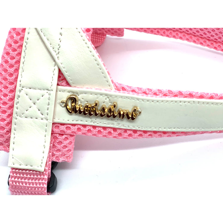 Puccissime My baby girl pink and white luxury vegan leather Norwegian one click harness. No pull no choke no mat easy wear. MADE IN CANADA