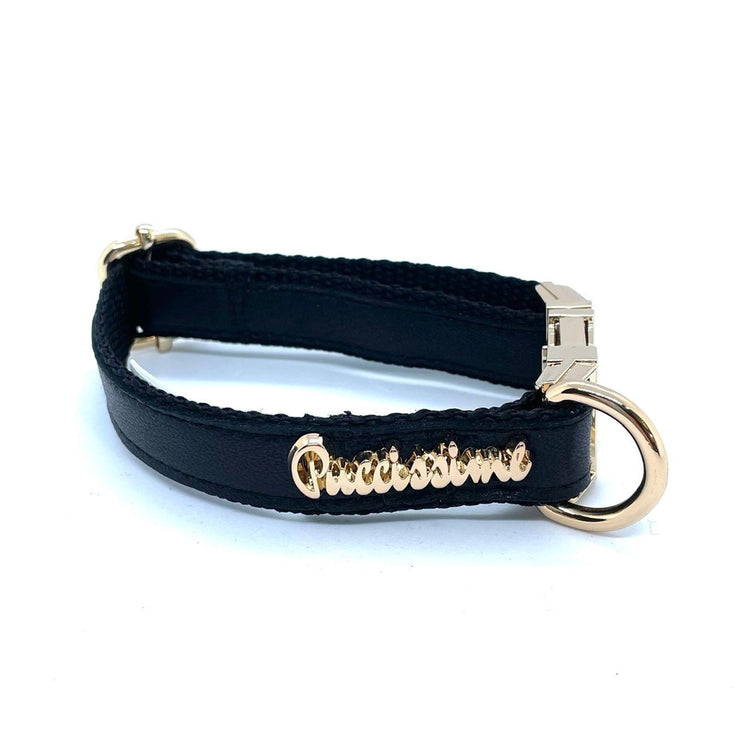 Puccissime Raven black luxury vegan leather dog collar. MADE IN CANADA.