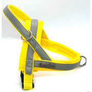 Puccissime Morning mist grey and yellow luxury vegan leather Norwegian one click dog harness. No pull no choke no mat easy wear. MADE IN CANADA