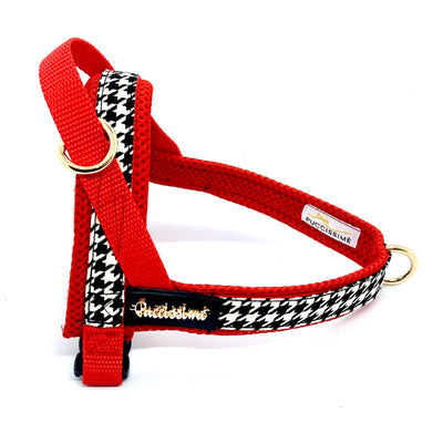 Puccissime Affinity red houndstooth luxury cotton Norwegian one click no pull no choke no mat easy wear dog harness. MADE IN CANADA.