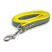 Puccissime Morning mist grey and yellow luxury vegan leather dog leash. MADE IN CANADA.