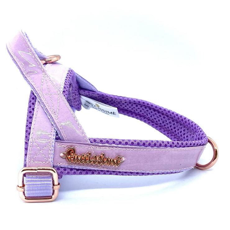 Puccissime Lavender luxury vegan leather dog accessories matching set. Norwegian one click no pull no choke no mat easy wear dog harness. MADE IN CANADA.