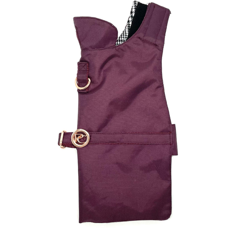 Puccissime Burgundy dog rain jacket- Right side. MADE IN CANADA.