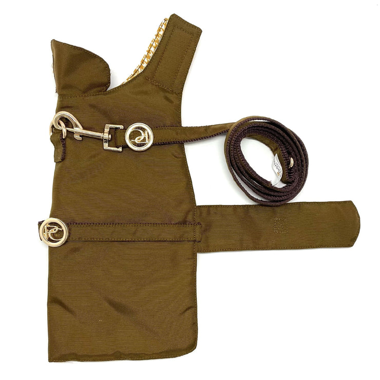 Puccissime Gold dog rain jacket- Right side and leash. MADE IN CANADA.