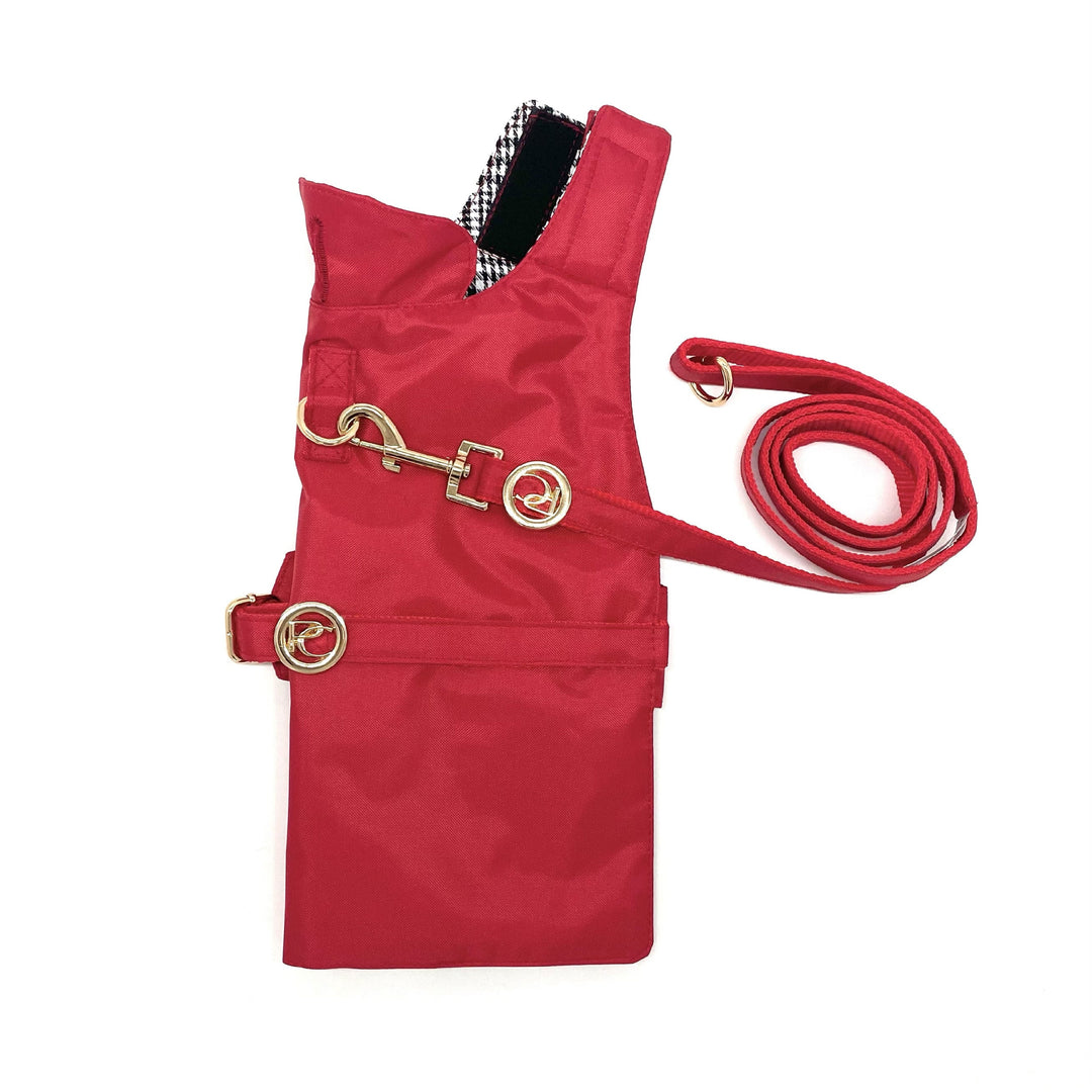 Puccissime Red dog rain jacket- Right side and leash. MADE IN CANADA.