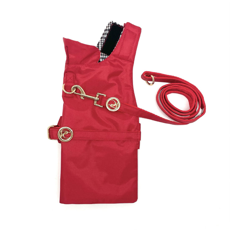 Puccissime Red dog rain jacket- Right side and leash. MADE IN CANADA.